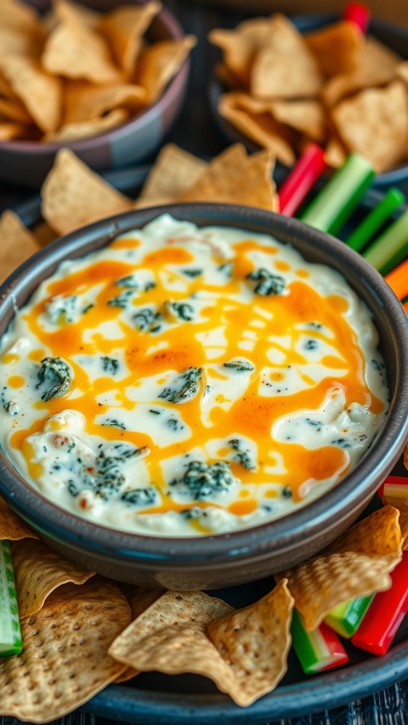Warm four-cheese spinach dip in a dish with tortilla chips and vegetable sticks.